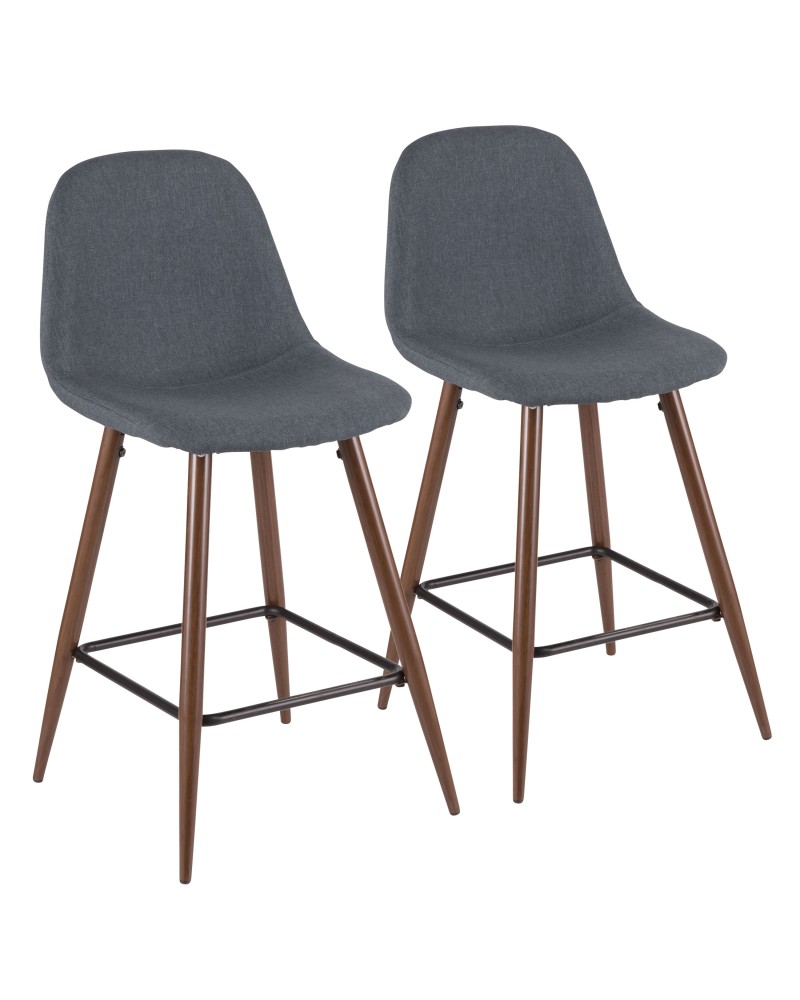 Pebble Mid-Century Modern Counter Stool in Walnut and Blue - Set of 2