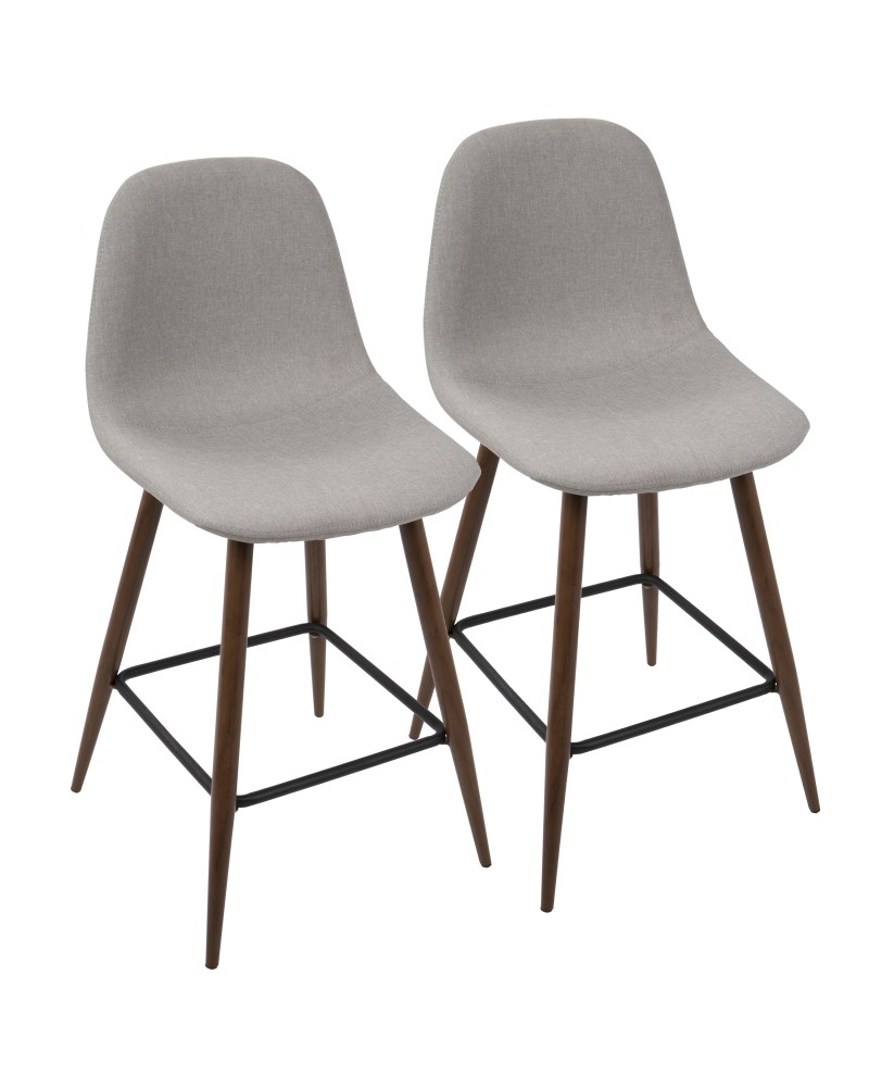 Pebble Mid-Century Modern Counter Stool in Walnut and Light Grey - Set of 2