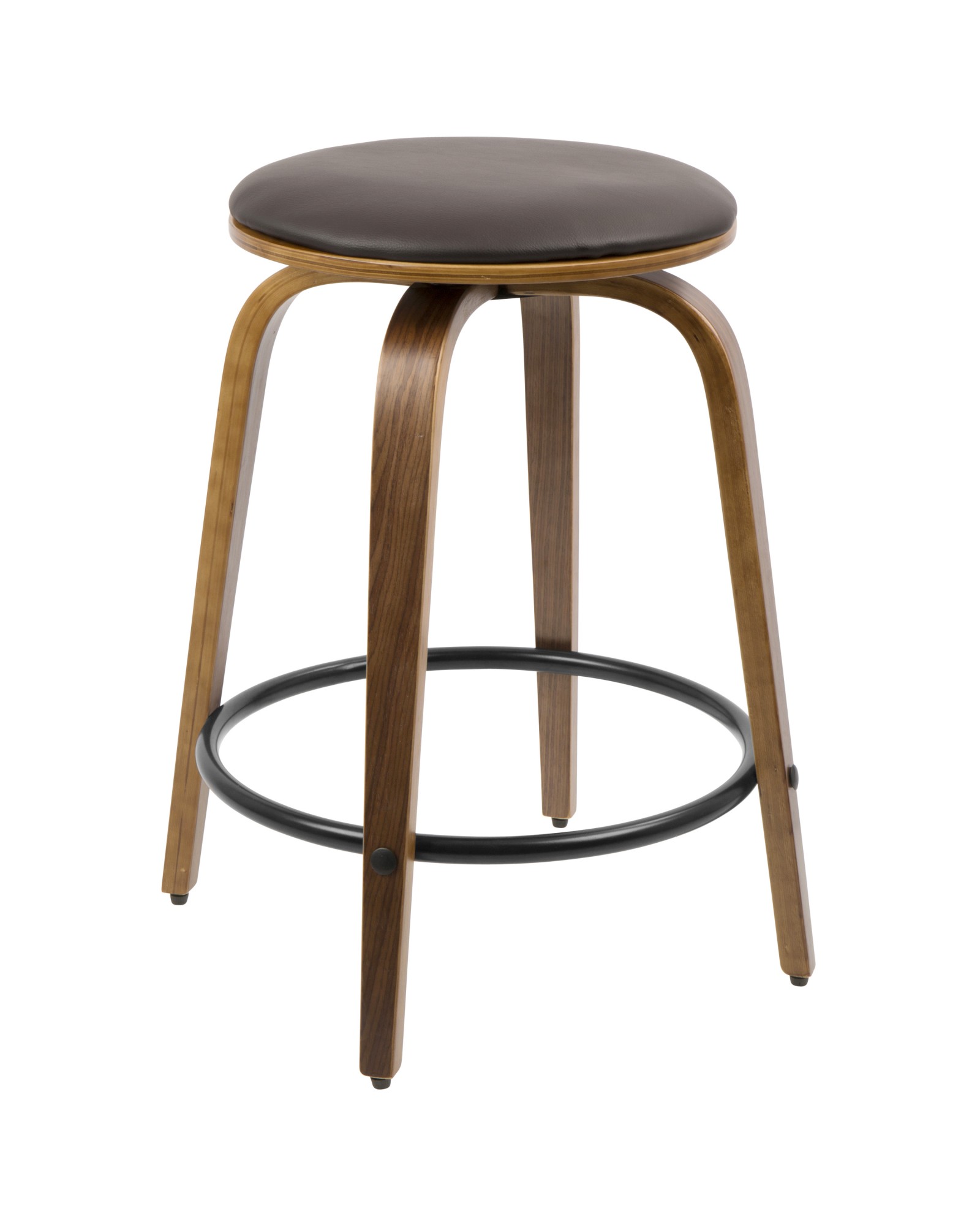 Porto Mid-Century Modern Counter Stool in Walnut and Brown Faux Leather with Black Footrest - Set of 2