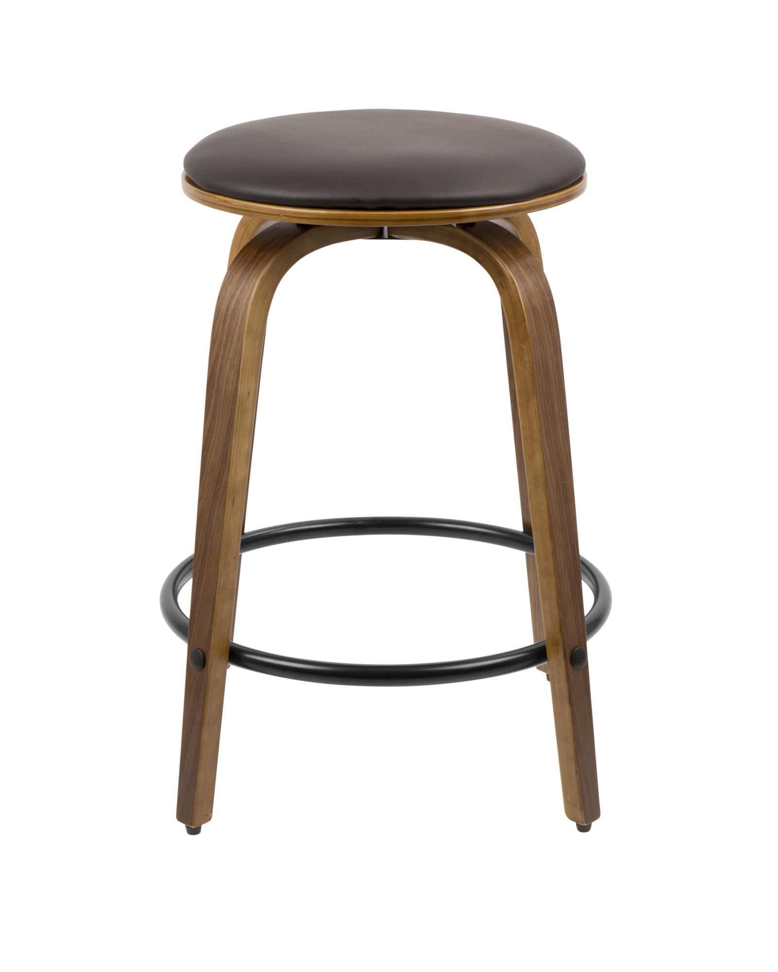 Porto Mid-Century Modern Counter Stool in Walnut and Brown Faux Leather with Black Footrest - Set of 2