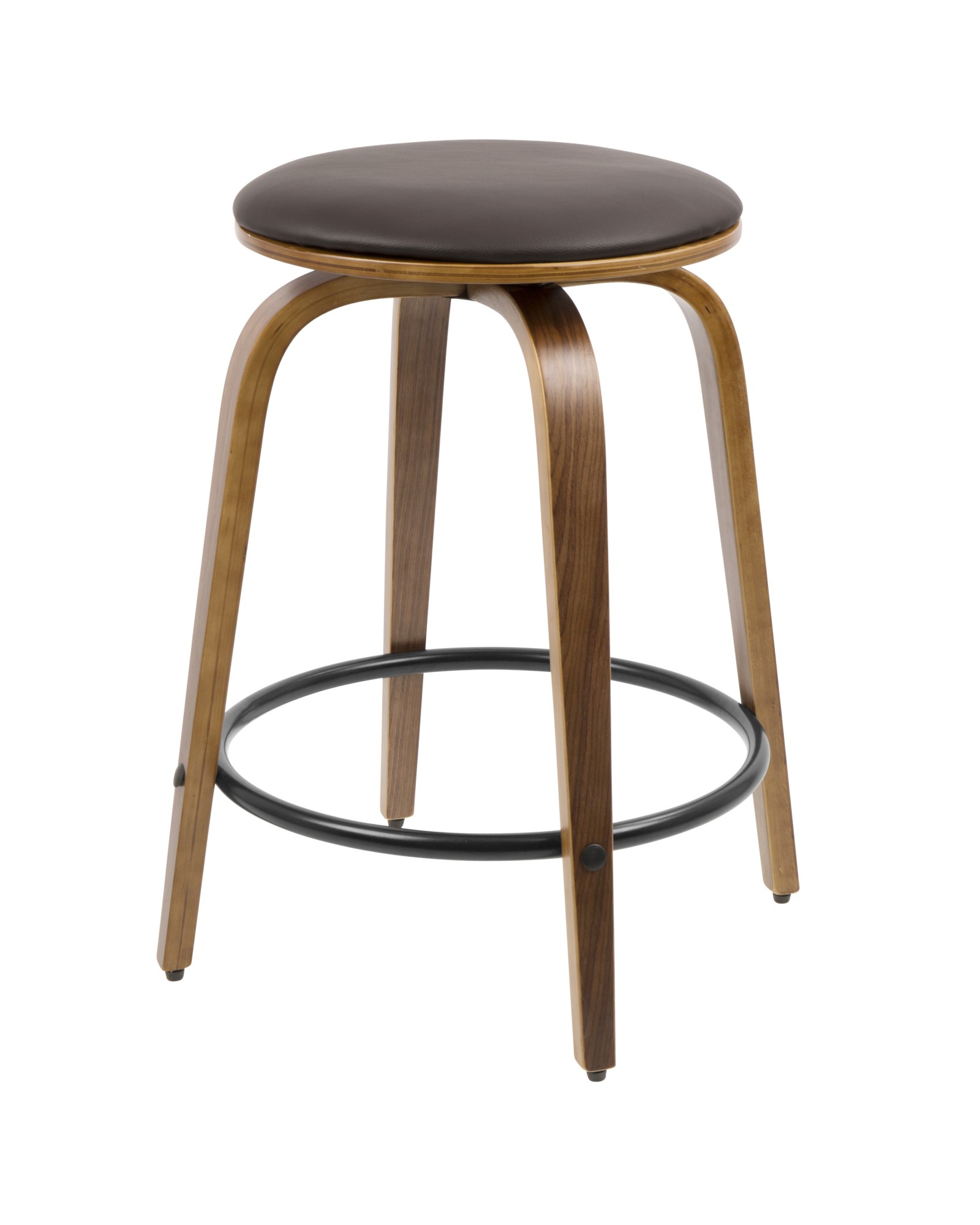 Porto Mid-Century Modern Counter Stool in Walnut and Brown Faux Leather with Black Footrest - Set of 2