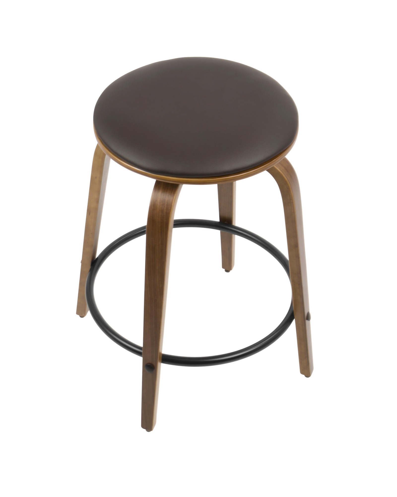 Porto Mid-Century Modern Counter Stool in Walnut and Brown Faux Leather with Black Footrest - Set of 2