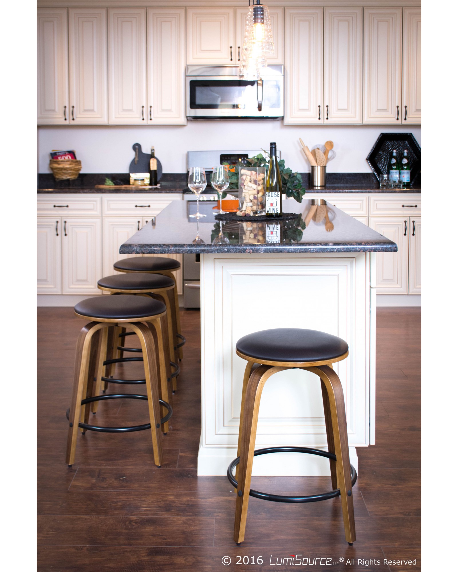 Porto Mid-Century Modern Counter Stool in Walnut and Brown Faux Leather with Black Footrest - Set of 2