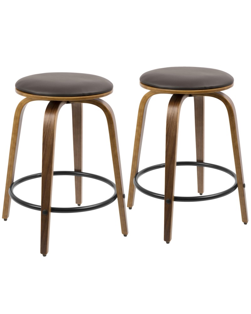 Porto Mid-Century Modern Counter Stool in Walnut and Brown Faux Leather with Black Footrest - Set of 2