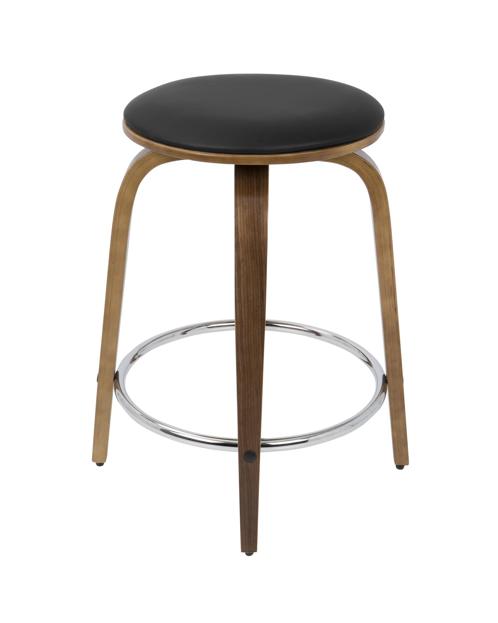 Porto Mid-Century Modern Counter Stool in Walnut and Brown Faux Leather with Chrome Footrest - Set of 2