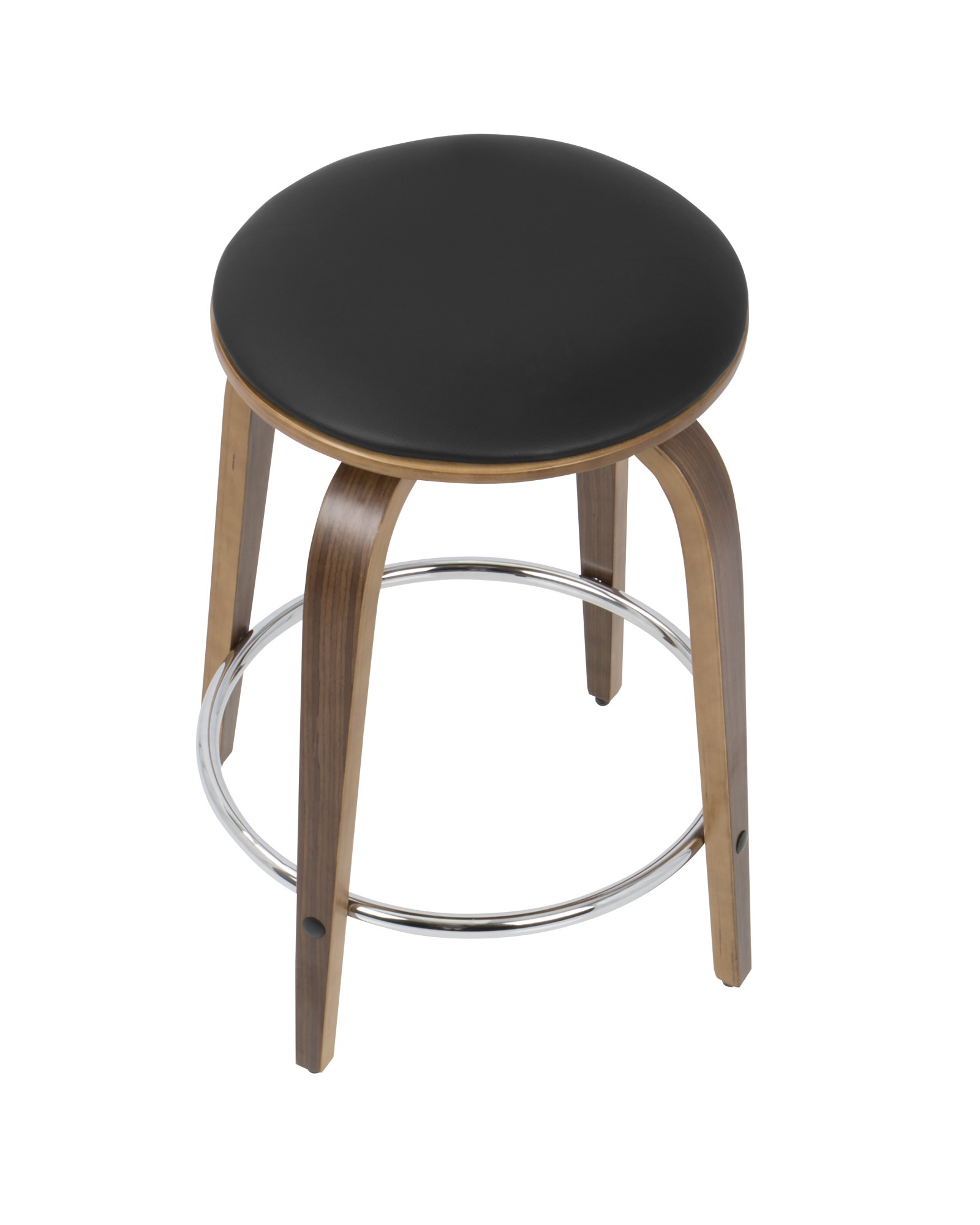 Porto Mid-Century Modern Counter Stool in Walnut and Brown Faux Leather with Chrome Footrest - Set of 2