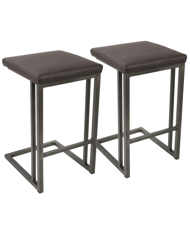 Roman Industrial Counter Stool in Antique and Espresso Faux Leather - Set of 2
