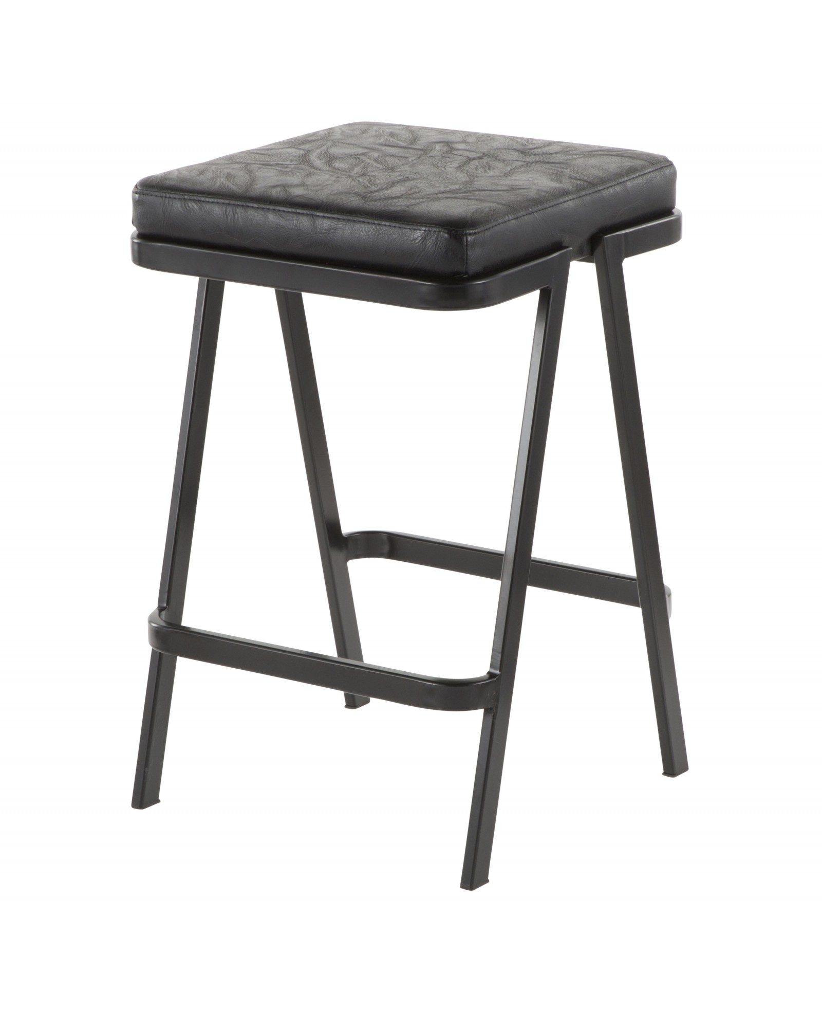 Seven Industrial Counter Stool in Black Metal and Black Faux Leather