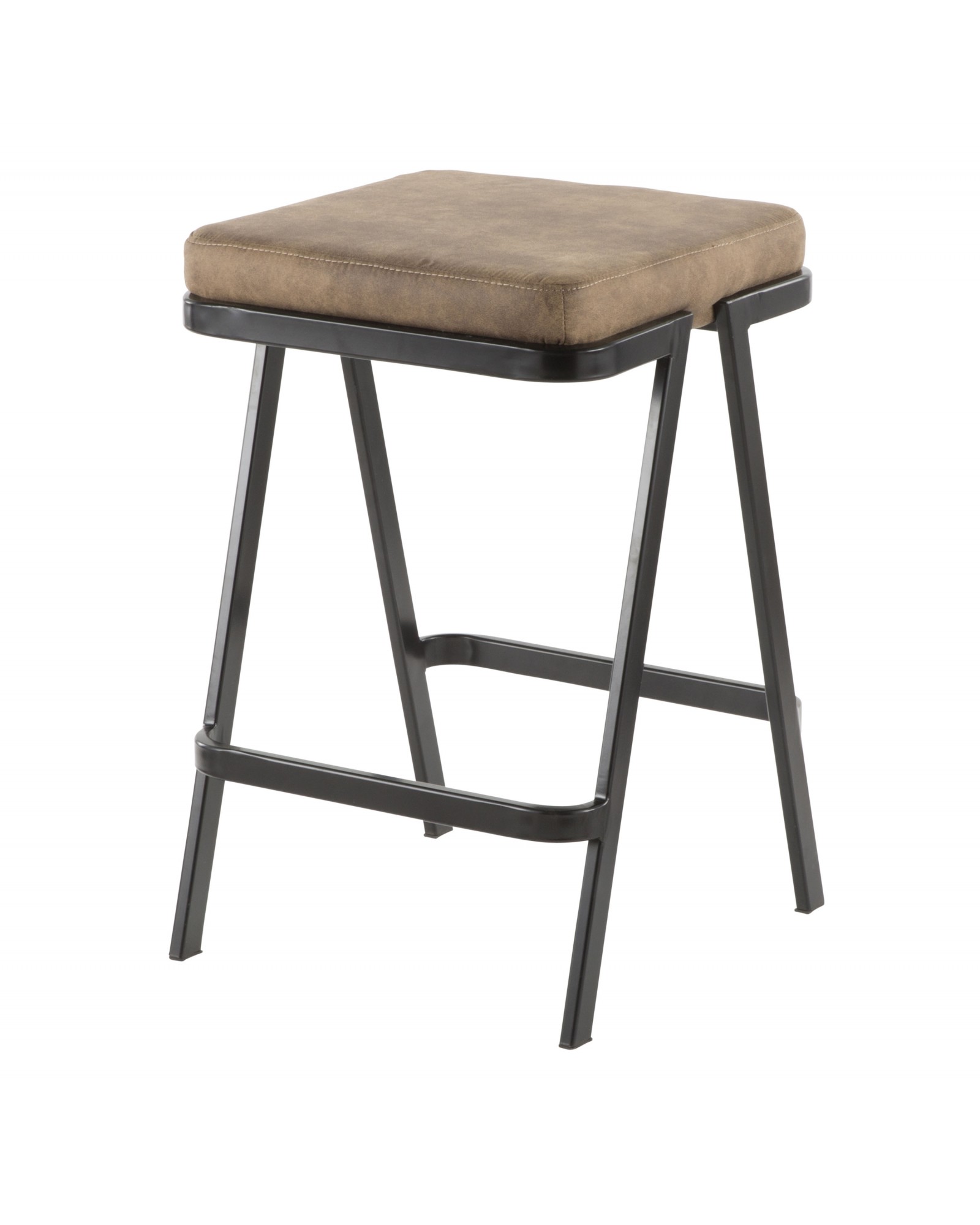 Seven Industrial Counter Stool in Black Metal and Brown Cowboy Fabric