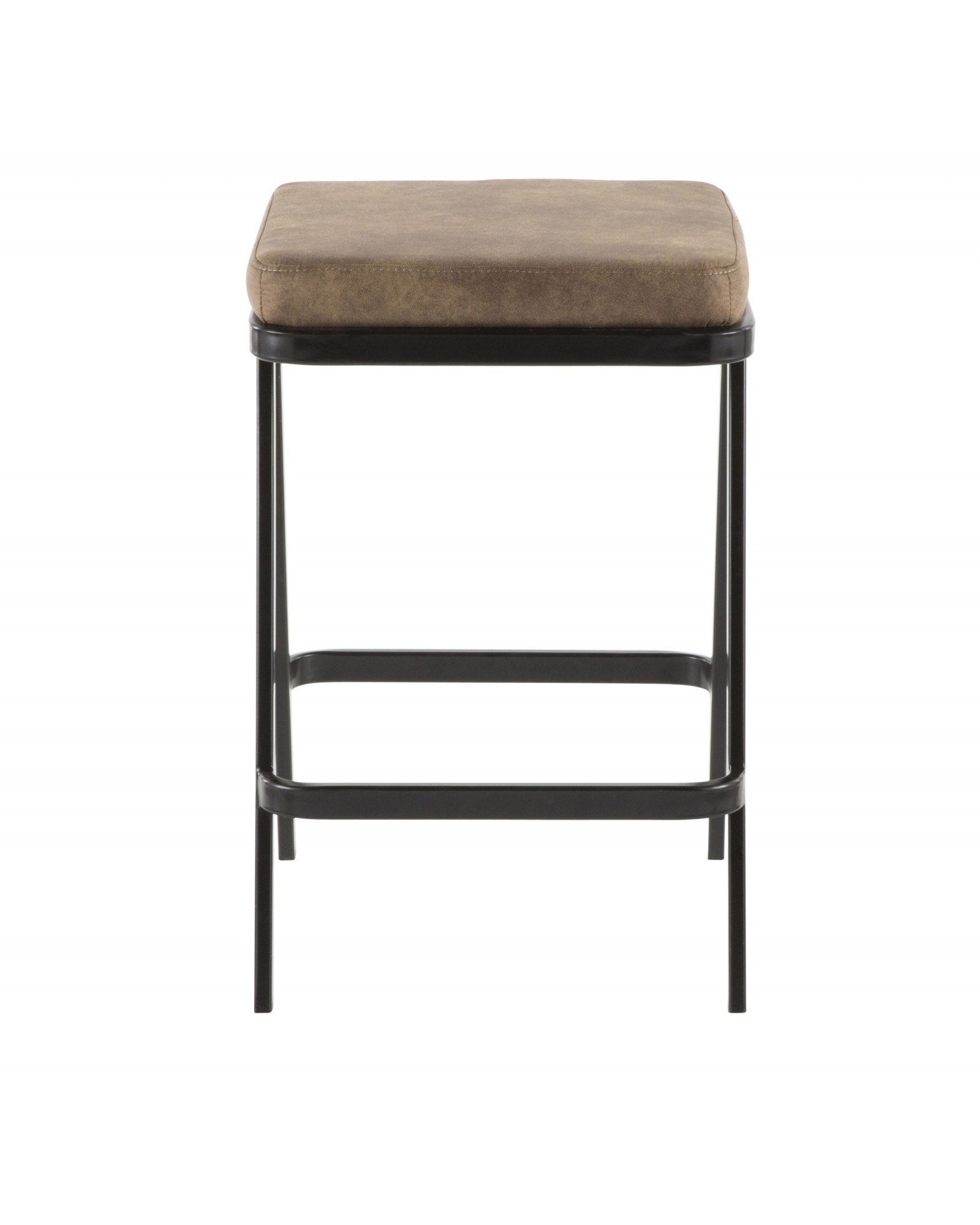 Seven Industrial Counter Stool in Black Metal and Brown Cowboy Fabric