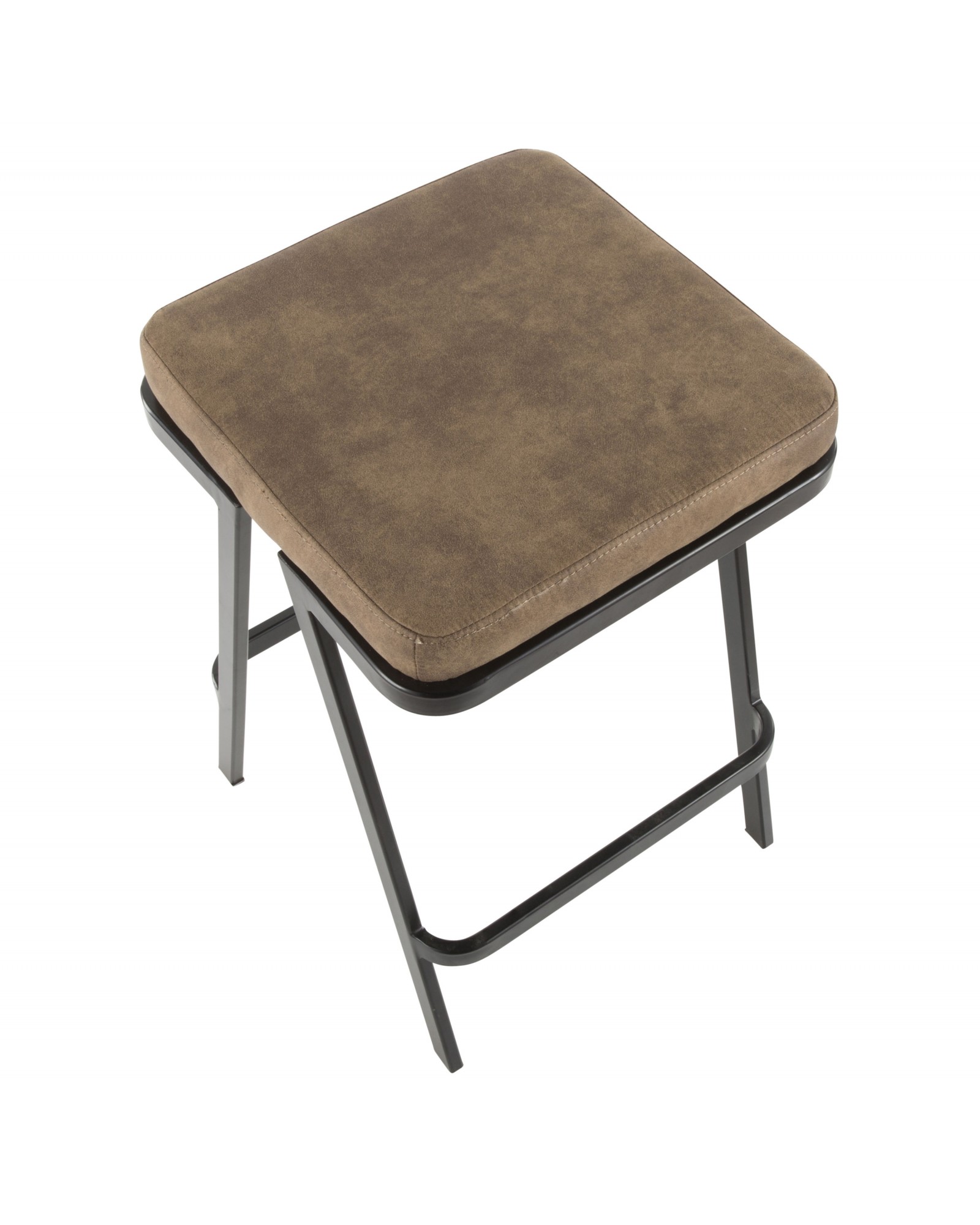 Seven Industrial Counter Stool in Black Metal and Brown Cowboy Fabric