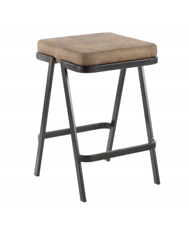 Seven Industrial Counter Stool in Black Metal and Brown Cowboy Fabric