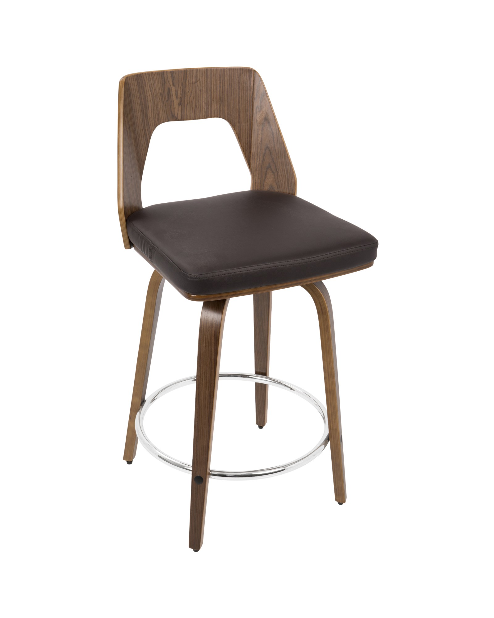 Trilogy Mid-Century Modern Counter Stool in Walnut and Brown Faux Leather