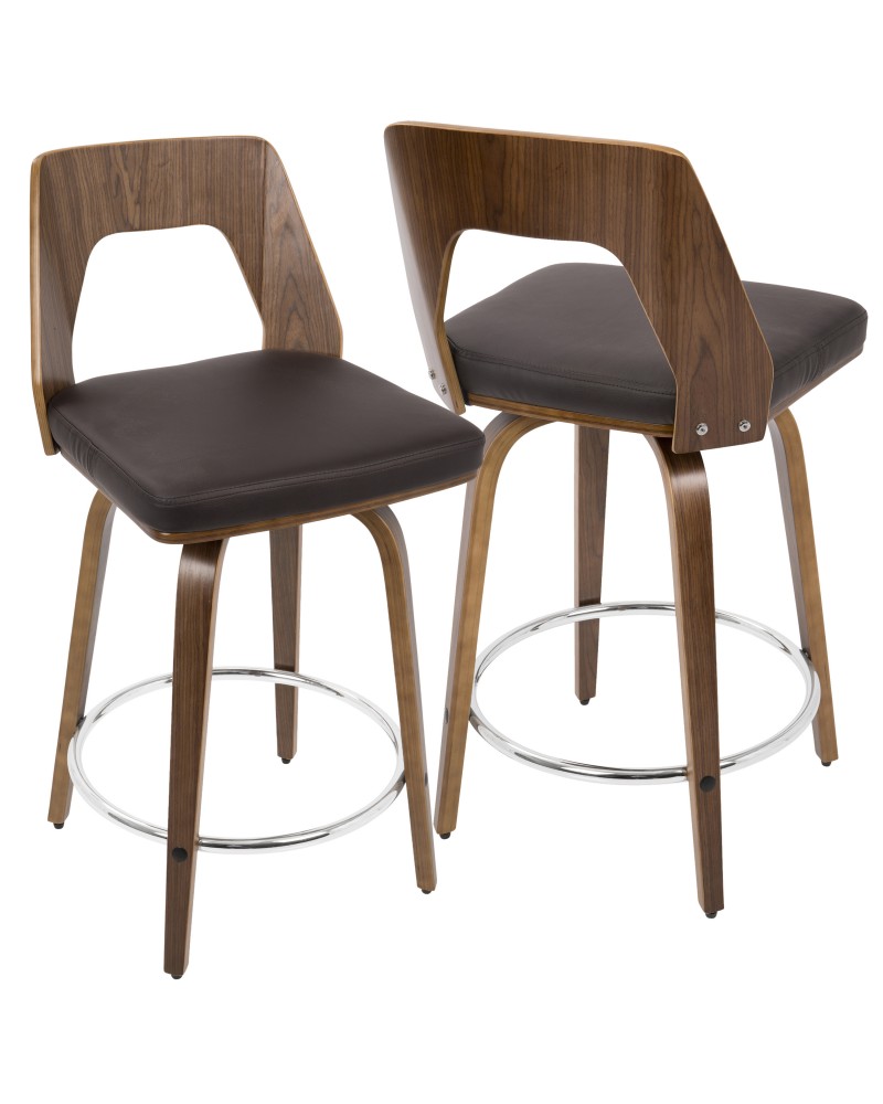 Trilogy Mid-Century Modern Counter Stool in Walnut and Brown Faux Leather