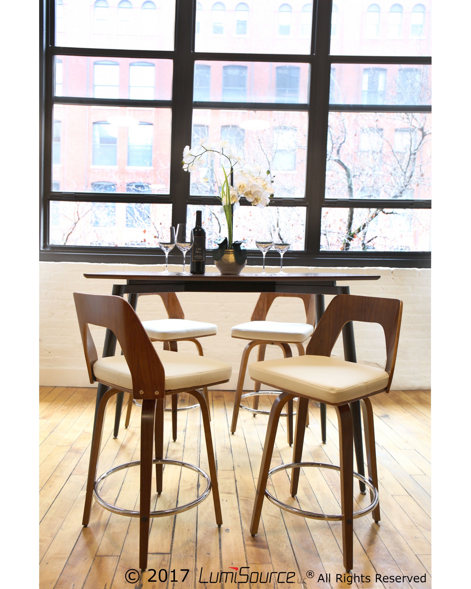 Trilogy Mid-Century Modern Counter Stool in Walnut and Cream Faux Leather