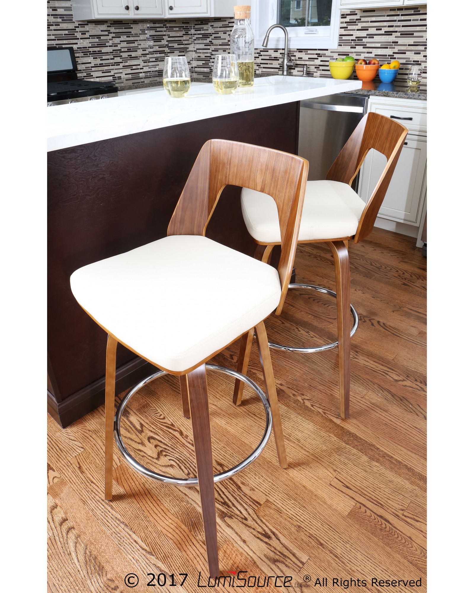 Trilogy Mid-Century Modern Counter Stool in Walnut and Cream Faux Leather