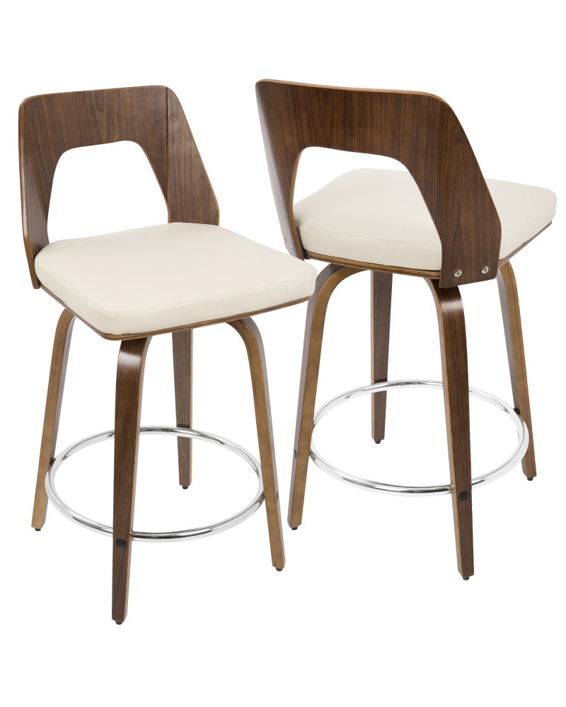 Trilogy Mid-Century Modern Counter Stool in Walnut and Cream Faux Leather