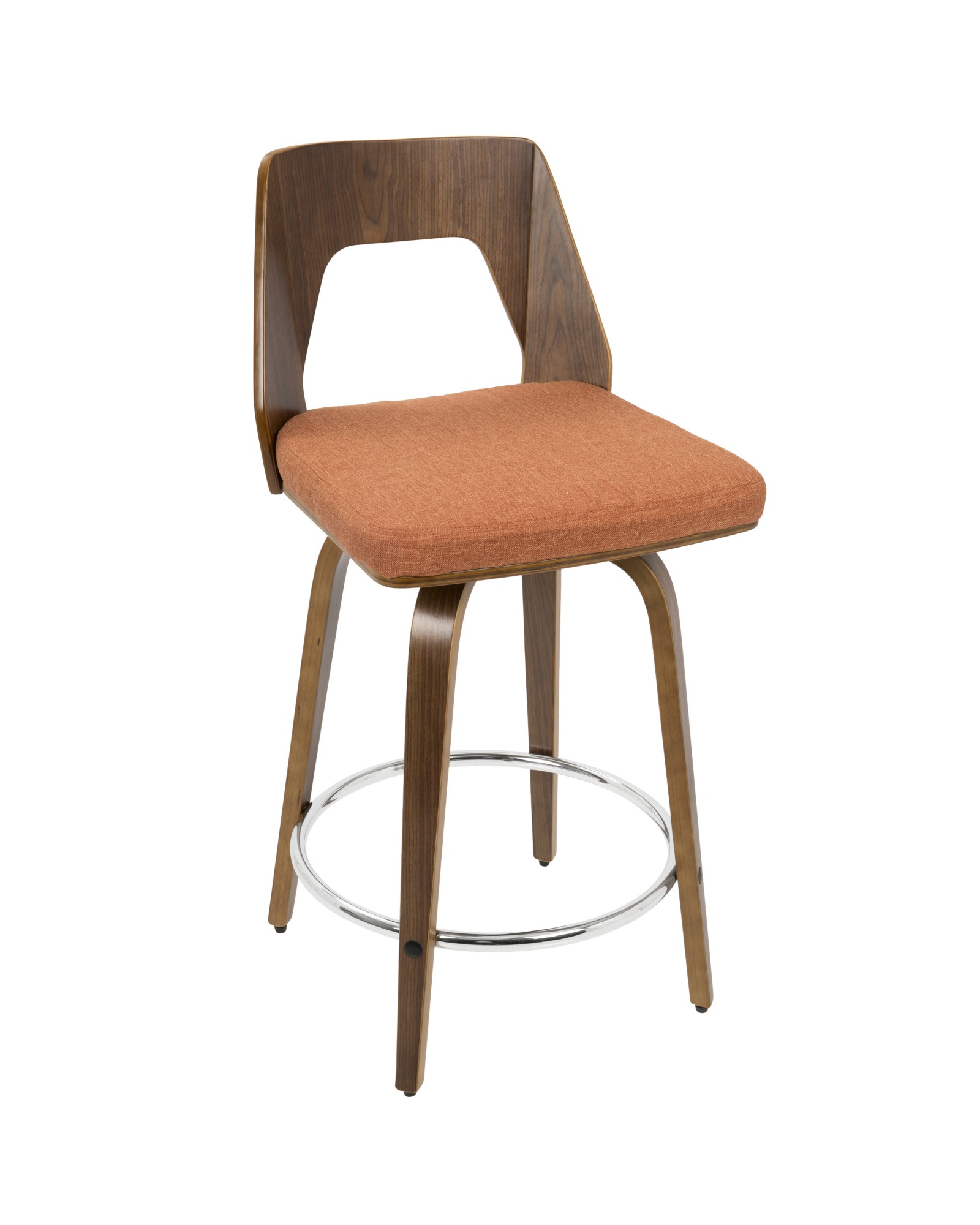 Trilogy Mid-Century Modern Counter Stool in Walnut and Orange Fabric