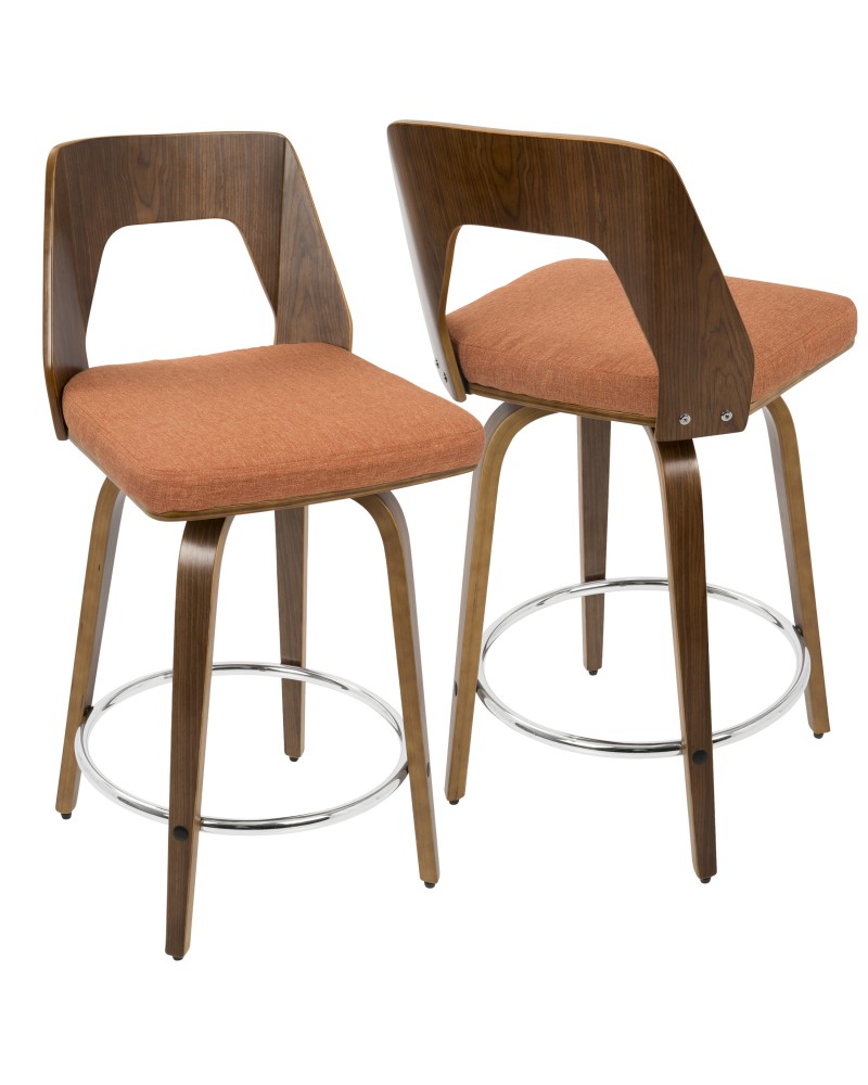 Trilogy Mid-Century Modern Counter Stool in Walnut and Orange Fabric