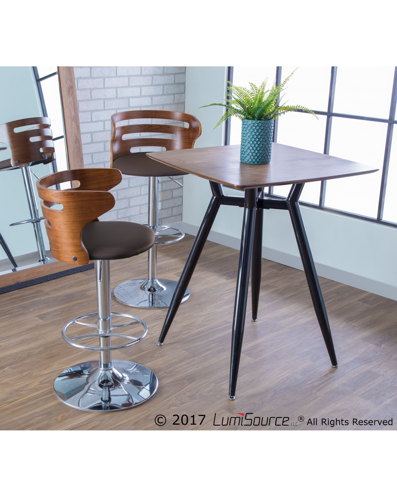 Clara Mid-Century Modern Square Counter Table with Black Metal Legs and Walnut Wood Top