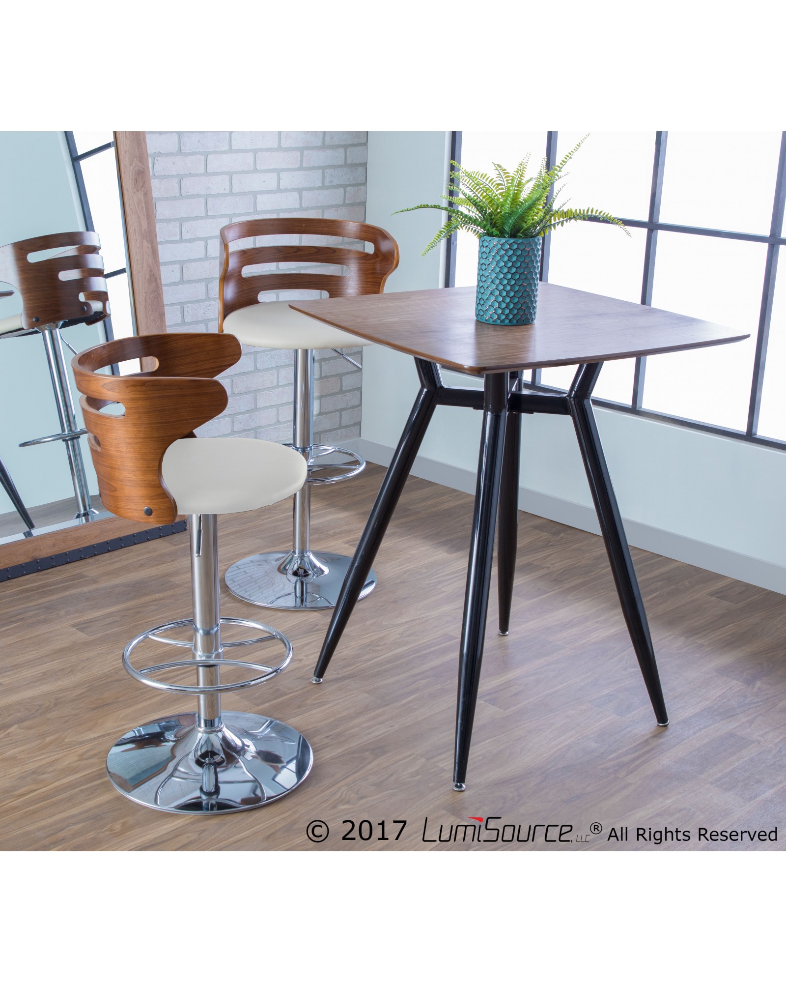 Clara Mid-Century Modern Square Counter Table with Black Metal Legs and Walnut Wood Top