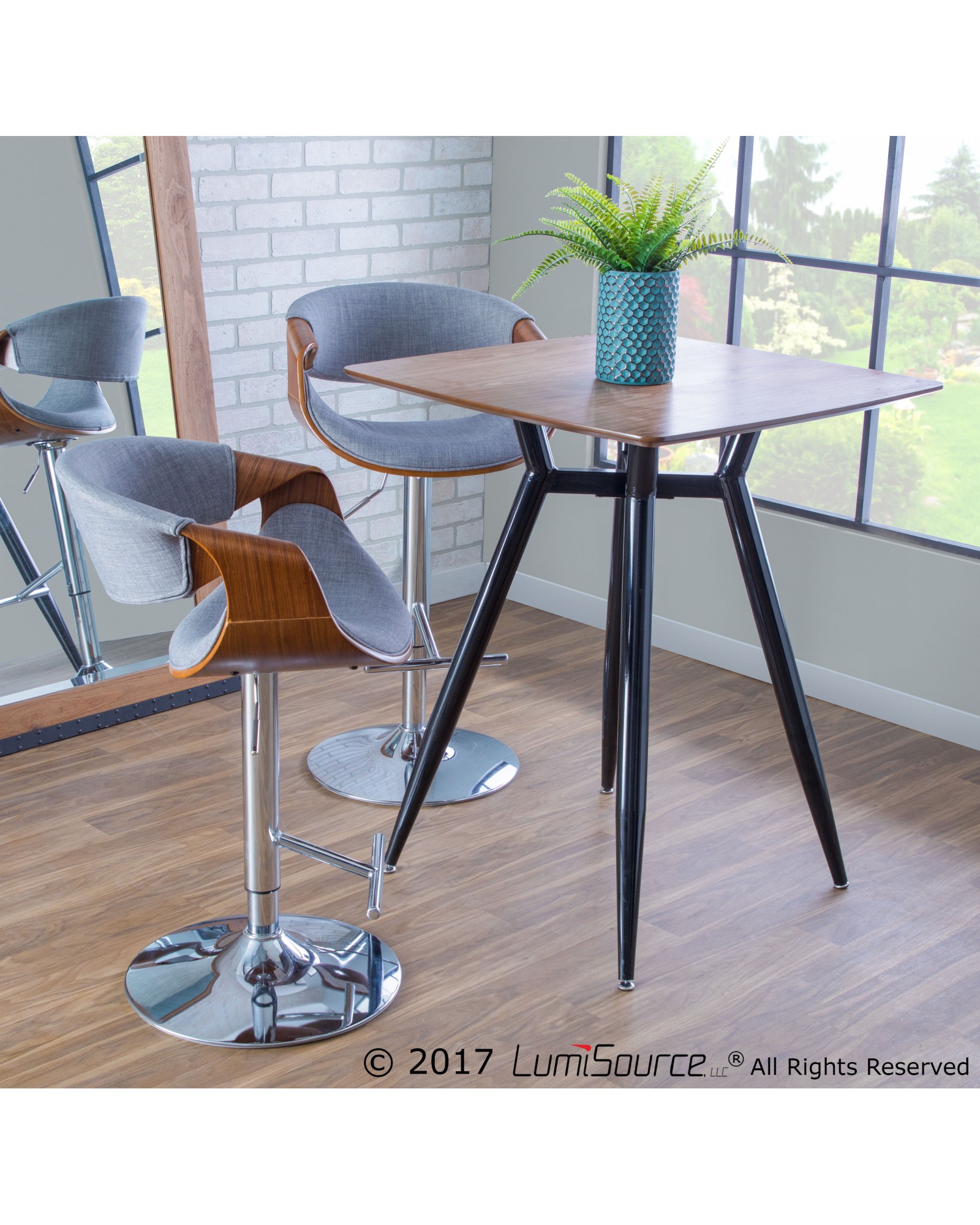 Clara Mid-Century Modern Square Counter Table with Black Metal Legs and Walnut Wood Top