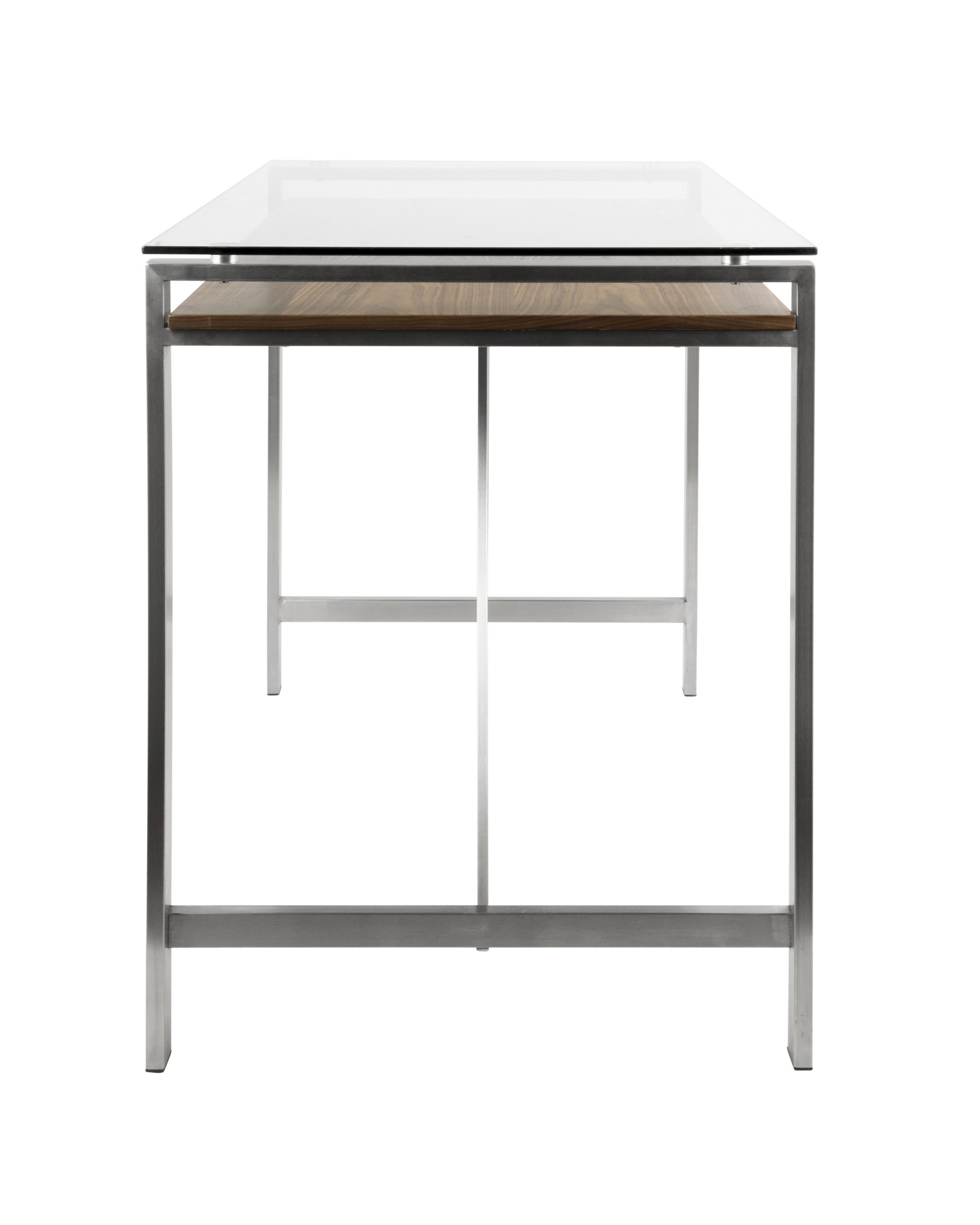 Hover Mid-Century Modern Counter Table with Brushed Stainless Steel Frame, Walnut Wood Shelf, and Clear Glass Top