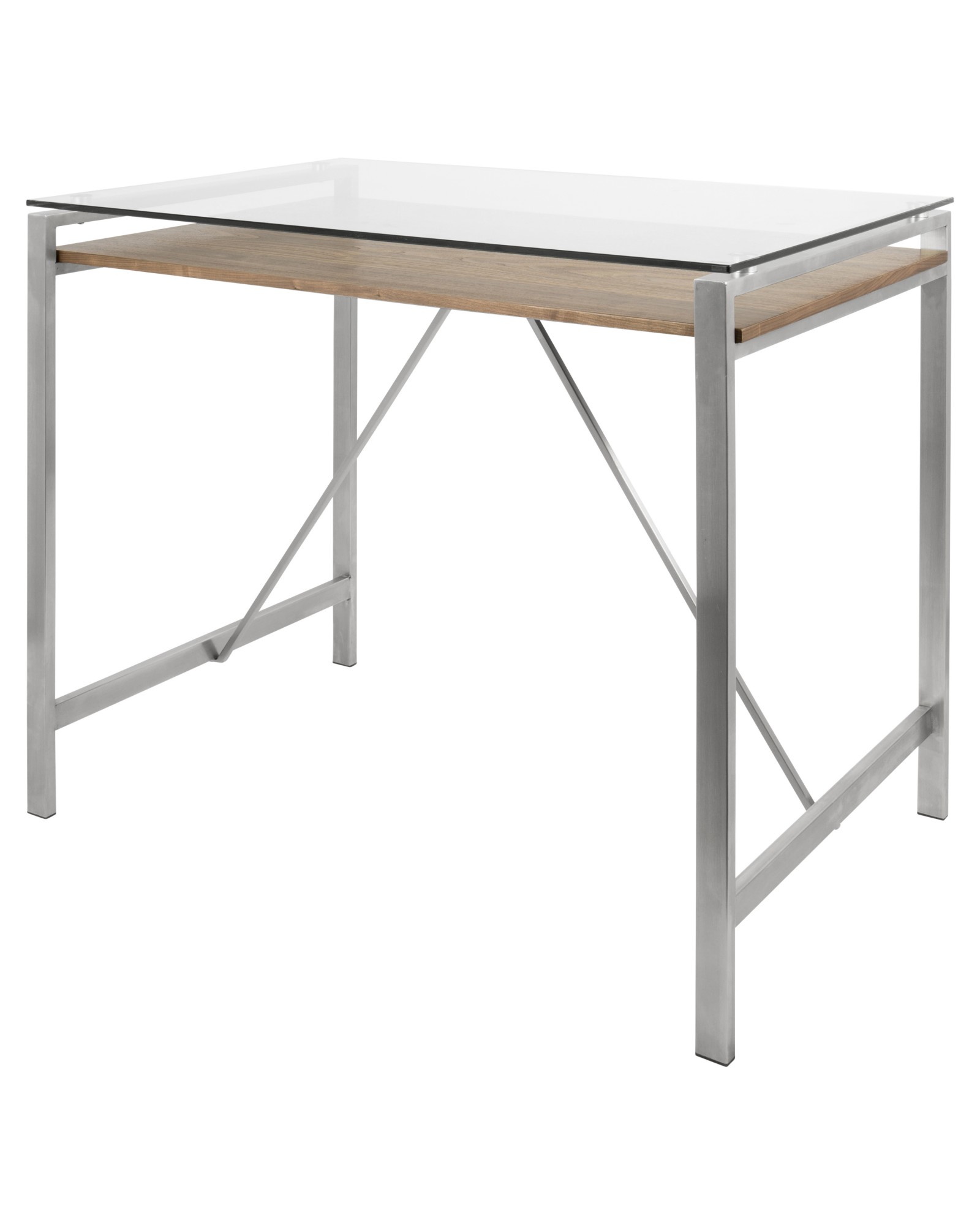 Hover Mid-Century Modern Counter Table with Brushed Stainless Steel Frame, Walnut Wood Shelf, and Clear Glass Top