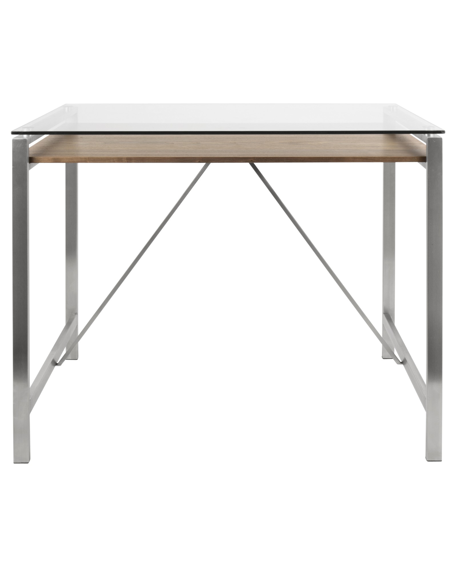 Hover Mid-Century Modern Counter Table with Brushed Stainless Steel Frame, Walnut Wood Shelf, and Clear Glass Top