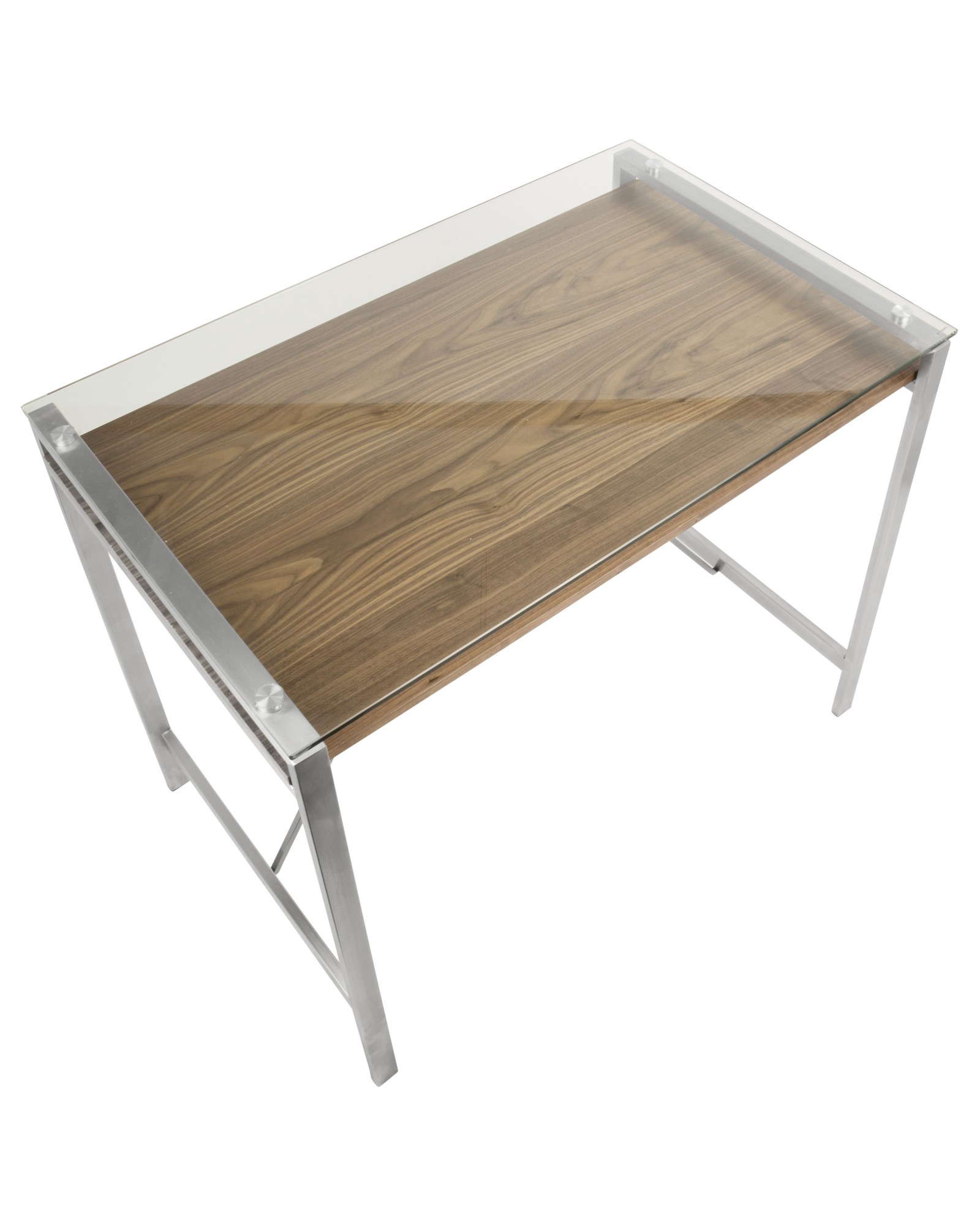 Hover Mid-Century Modern Counter Table with Brushed Stainless Steel Frame, Walnut Wood Shelf, and Clear Glass Top