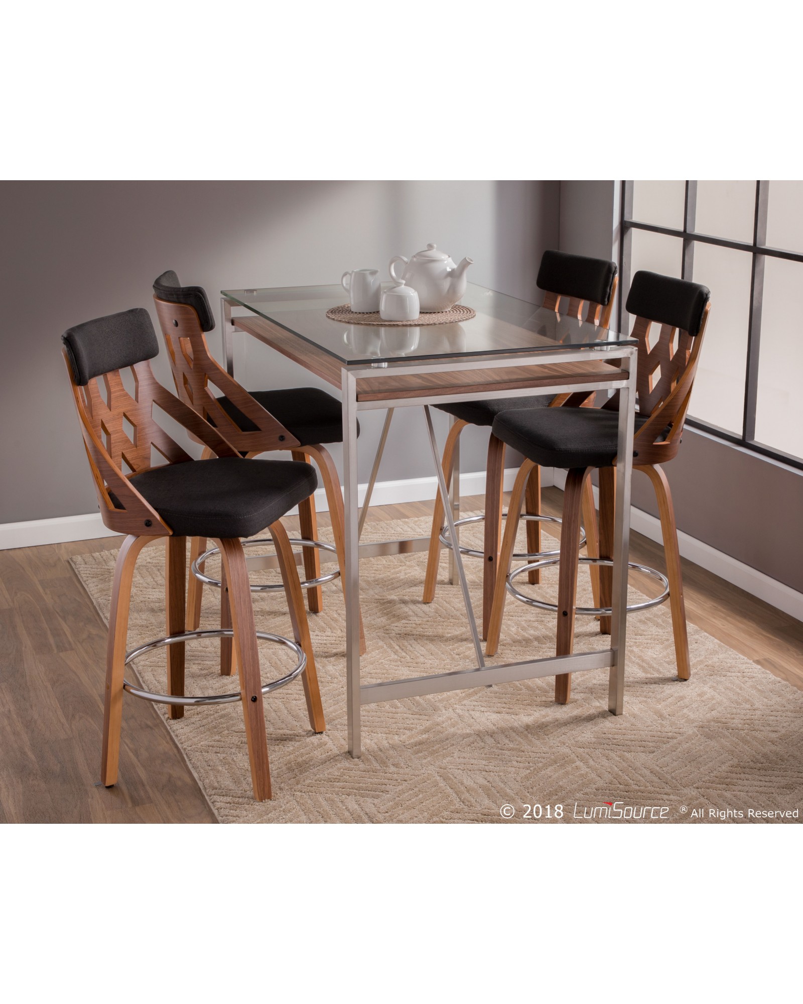 Hover Mid-Century Modern Counter Table with Brushed Stainless Steel Frame, Walnut Wood Shelf, and Clear Glass Top