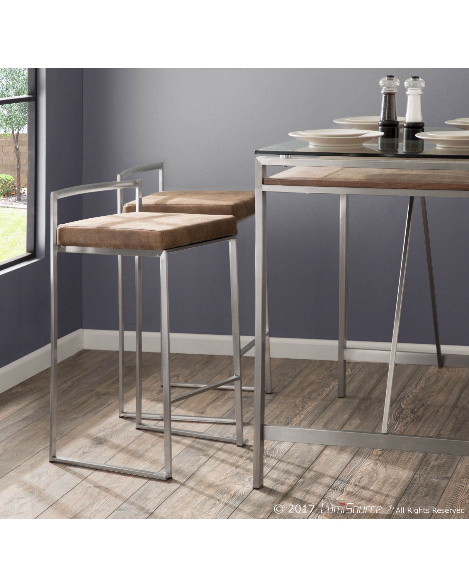 Hover Mid-Century Modern Counter Table with Brushed Stainless Steel Frame, Walnut Wood Shelf, and Clear Glass Top