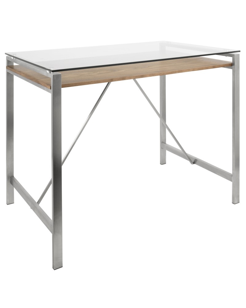 Hover Mid-Century Modern Counter Table with Brushed Stainless Steel Frame, Walnut Wood Shelf, and Clear Glass Top