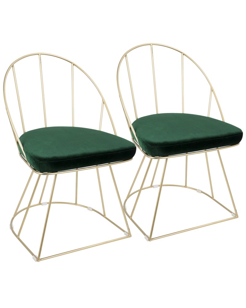 Canary Contemporary-Glam Dining/Accent Chair in Gold and Green Velvet - Set of 2