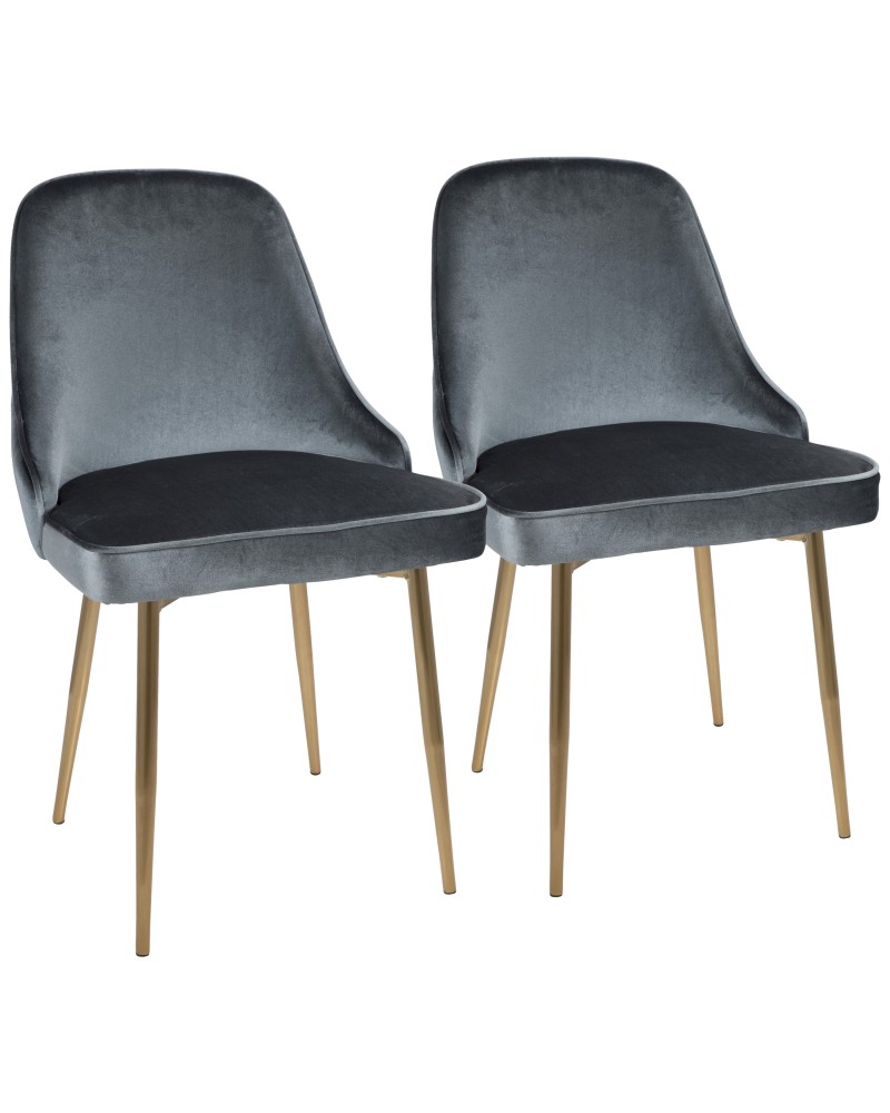 Marcel Contemporary Dining Chair with Gold Frame and Blue Velvet Fabric - Set of 2