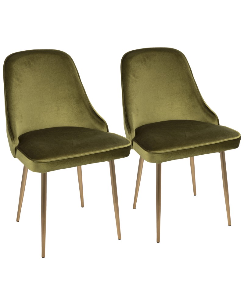 Marcel Contemporary Dining Chair with Gold Frame and Green Velvet Fabric - Set of 2