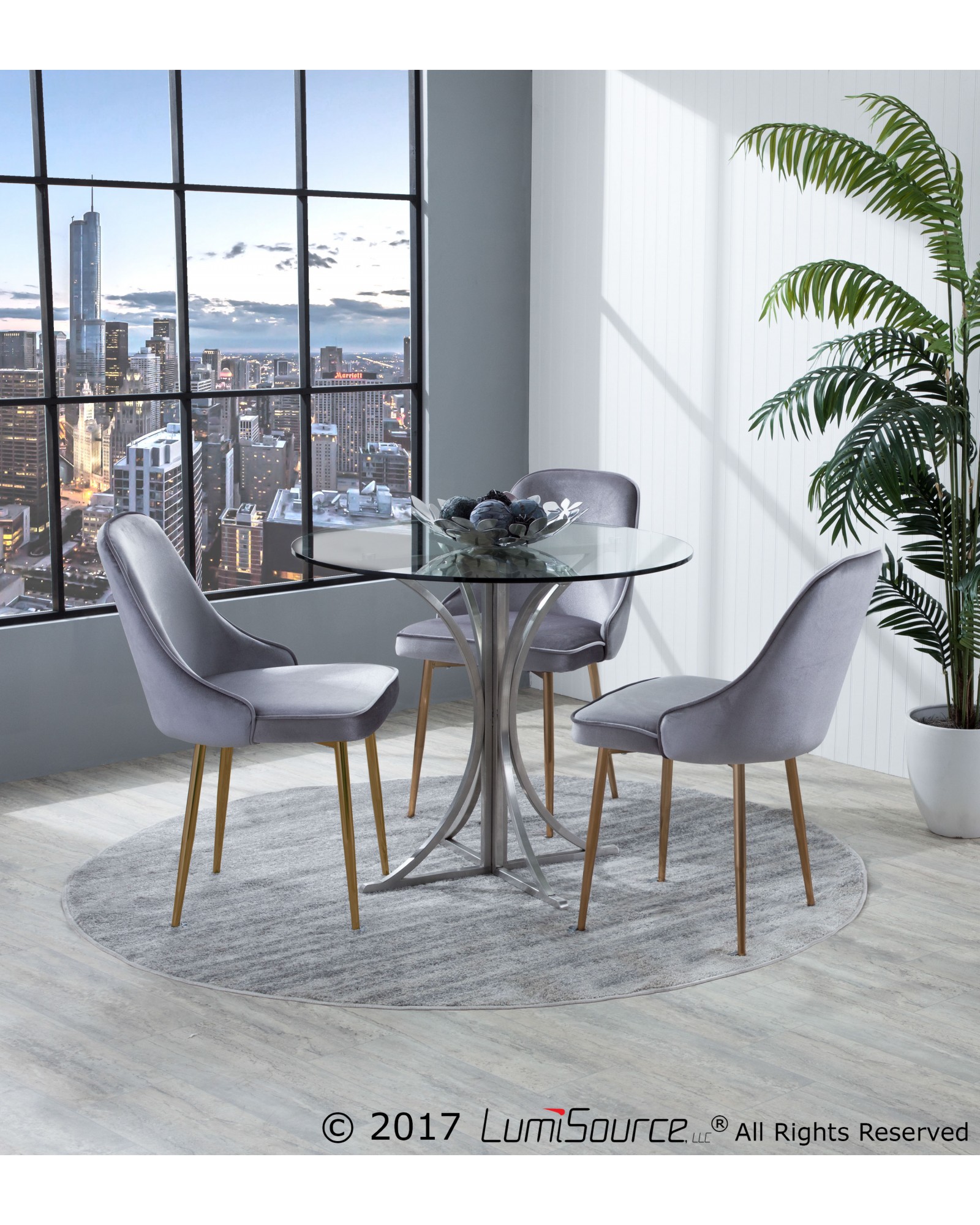 Marcel Contemporary Dining Chair with Gold Frame and Silver Velvet Fabric - Set of 2