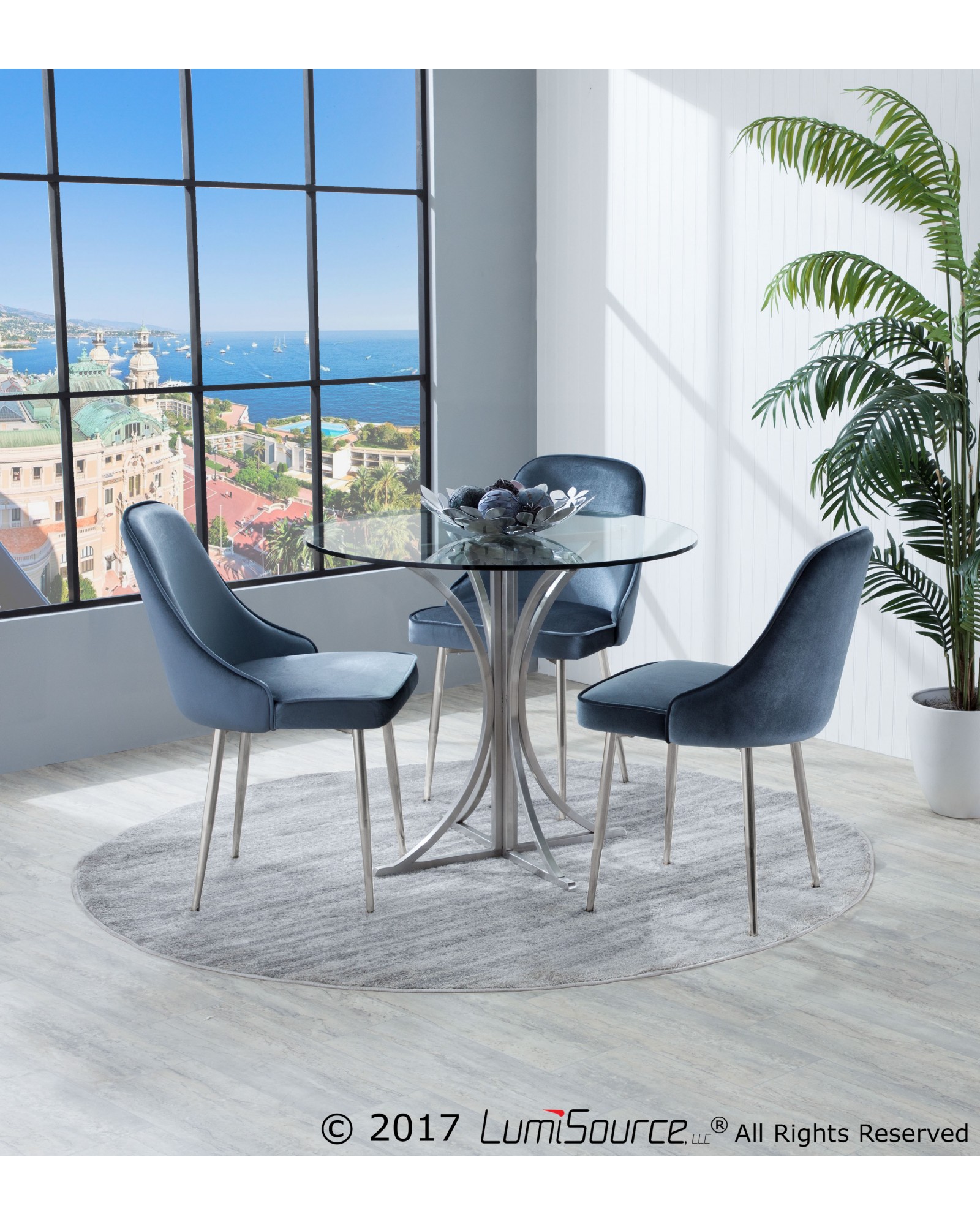 Marcel Contemporary Dining Chair with Chrome Frame and Blue Velvet Fabric - Set of 2