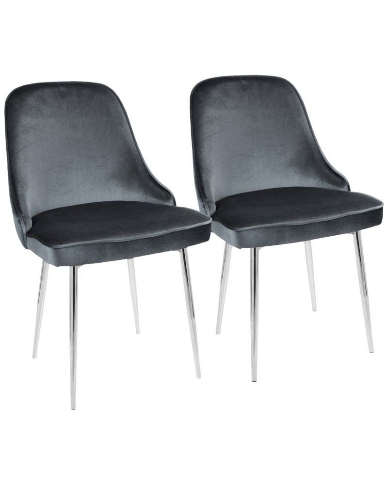 Marcel Contemporary Dining Chair with Chrome Frame and Blue Velvet Fabric - Set of 2