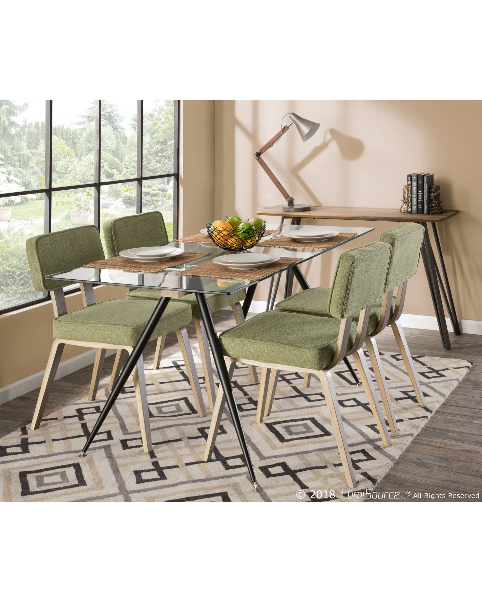 Nunzio Mid-Century Modern Dining Chair in Light Grey Wood and Light Green Fabric - Set of 2