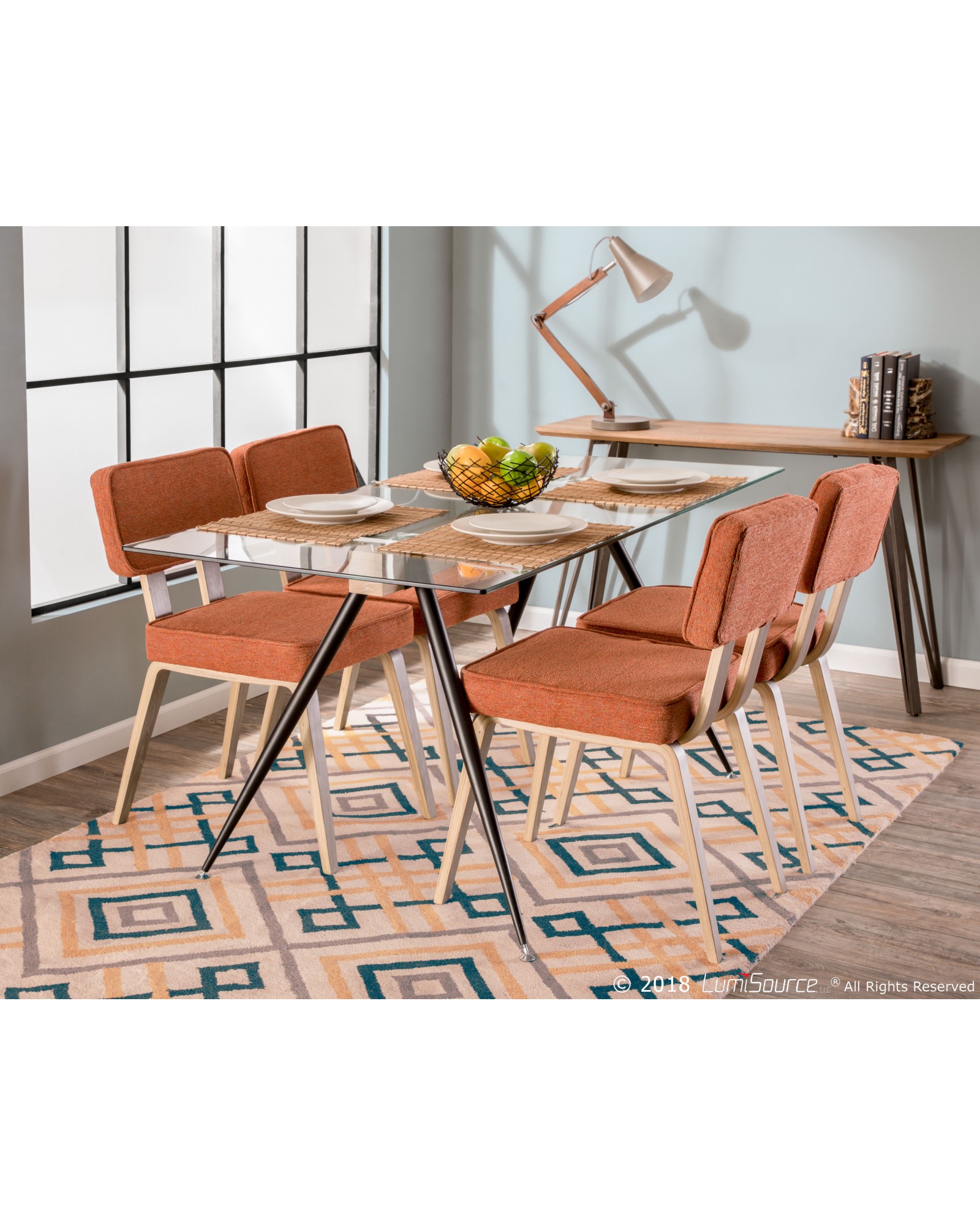 Nunzio Mid-Century Modern Dining Chair in Light Grey Wood and Orange Fabric - Set of 2