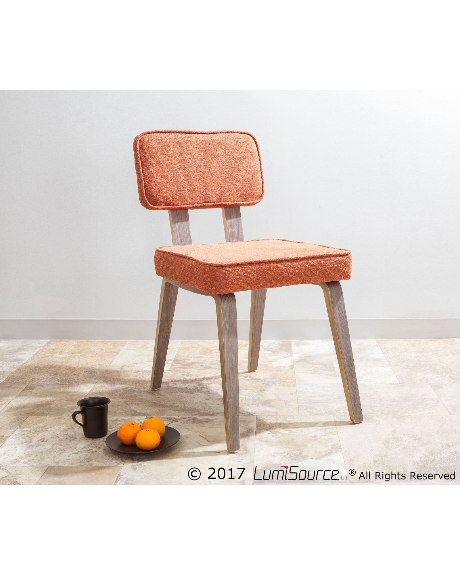 Nunzio Mid-Century Modern Dining Chair in Light Grey Wood and Orange Fabric - Set of 2