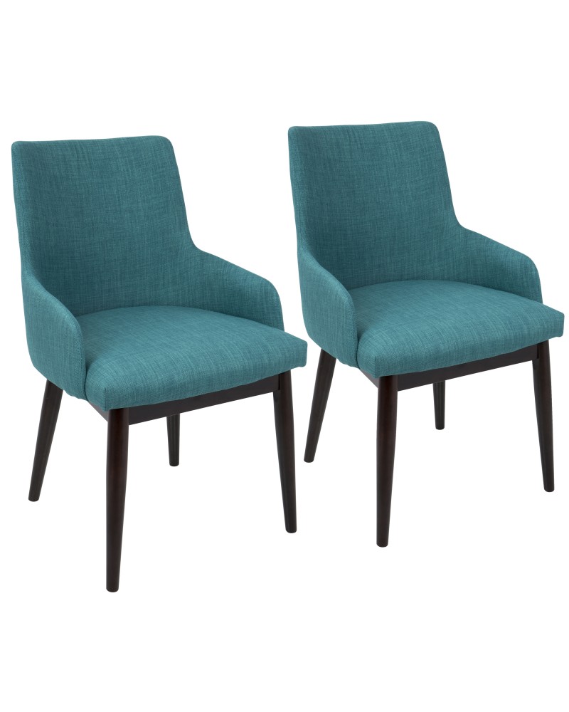 Santiago Mid-Century Modern Dining/Accent Chair in Walnut with Teal Fabric - Set of 2