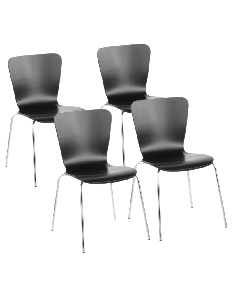 Bentwood Contemporary Stackable Dining Chair in Black Wood and Chrome - Set of 4