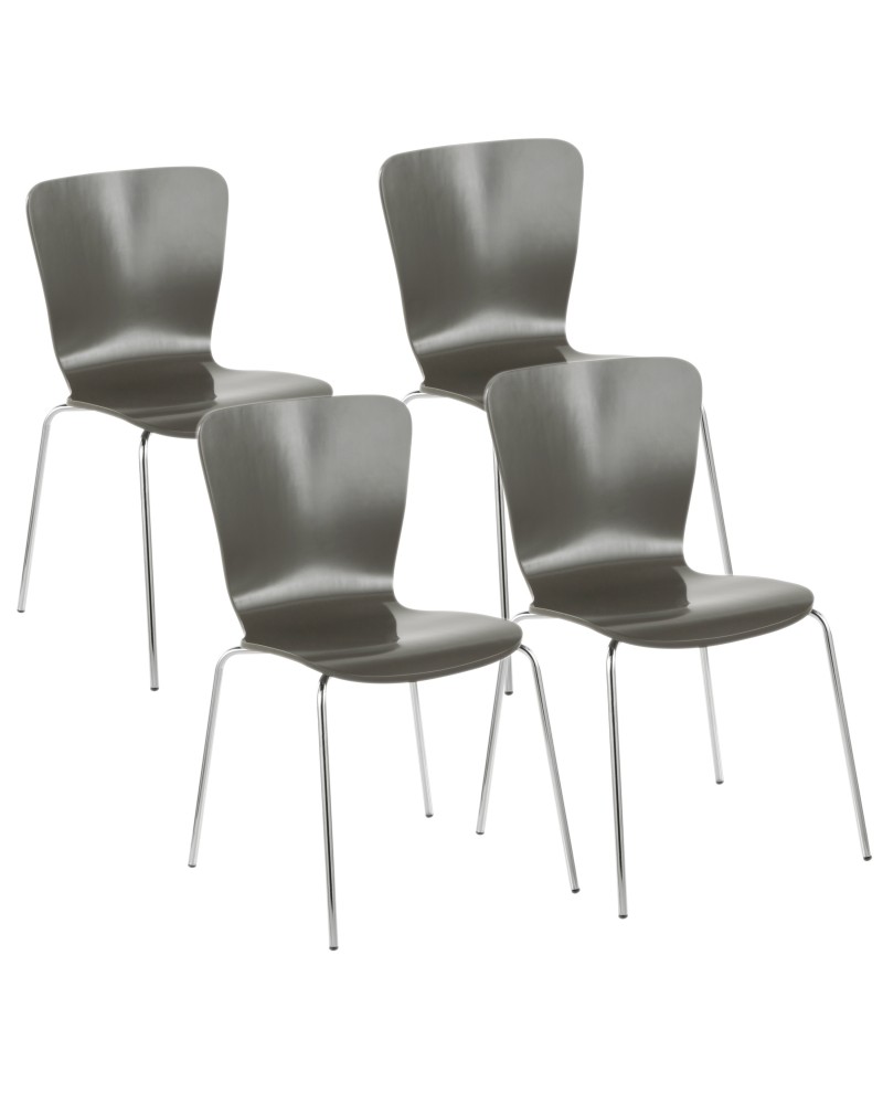 Bentwood Contemporary Stackable Dining Chair in Grey Wood and Chrome - Set of 4