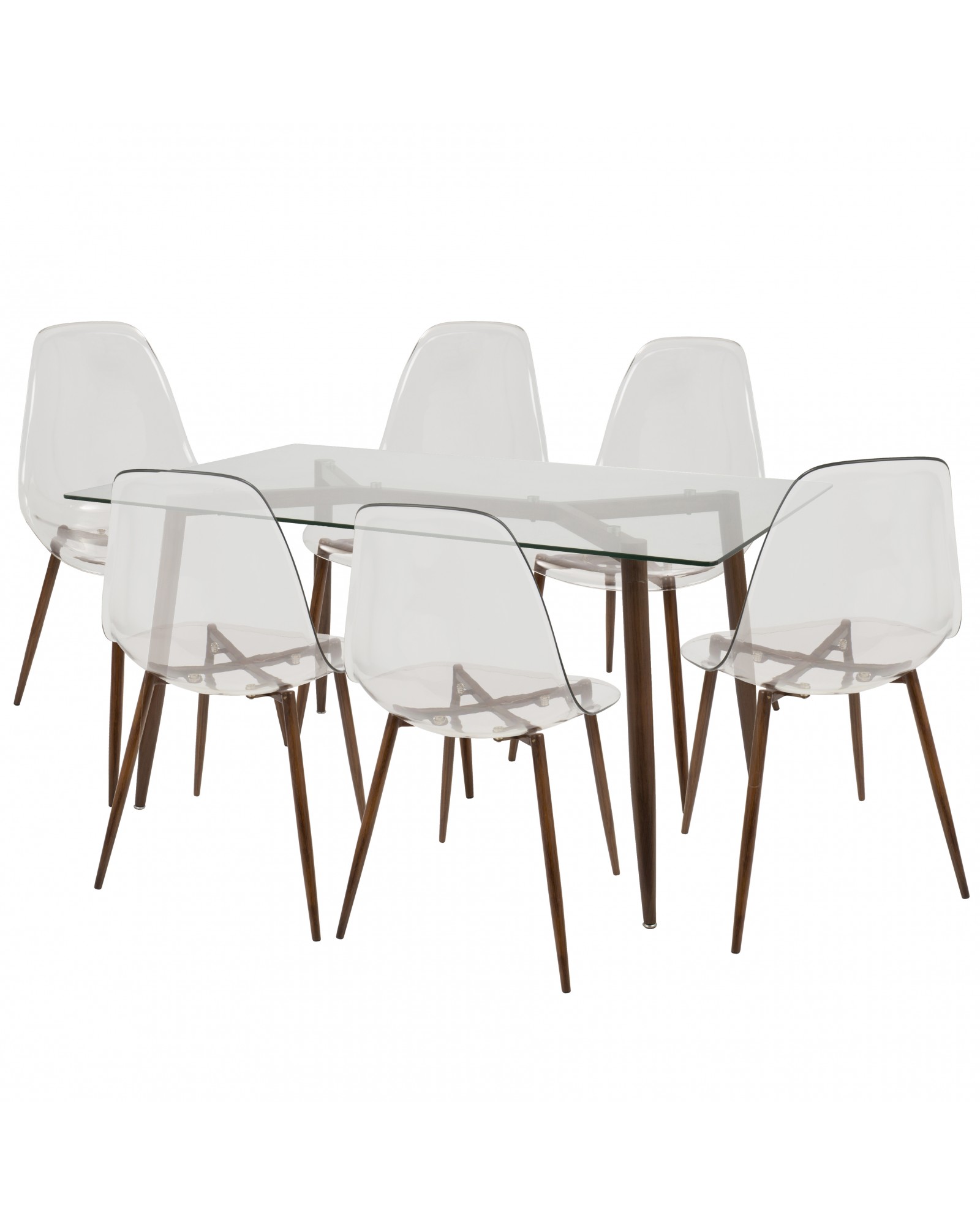 Clara 7-Piece Mid-Century Modern Dining Set in Walnut and Clear