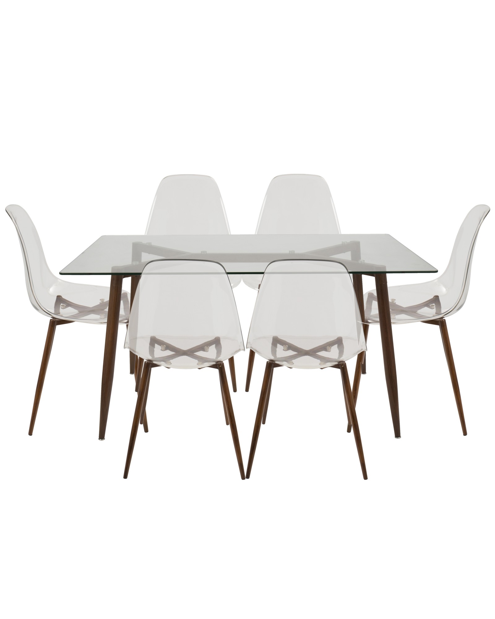 Clara 7-Piece Mid-Century Modern Dining Set in Walnut and Clear