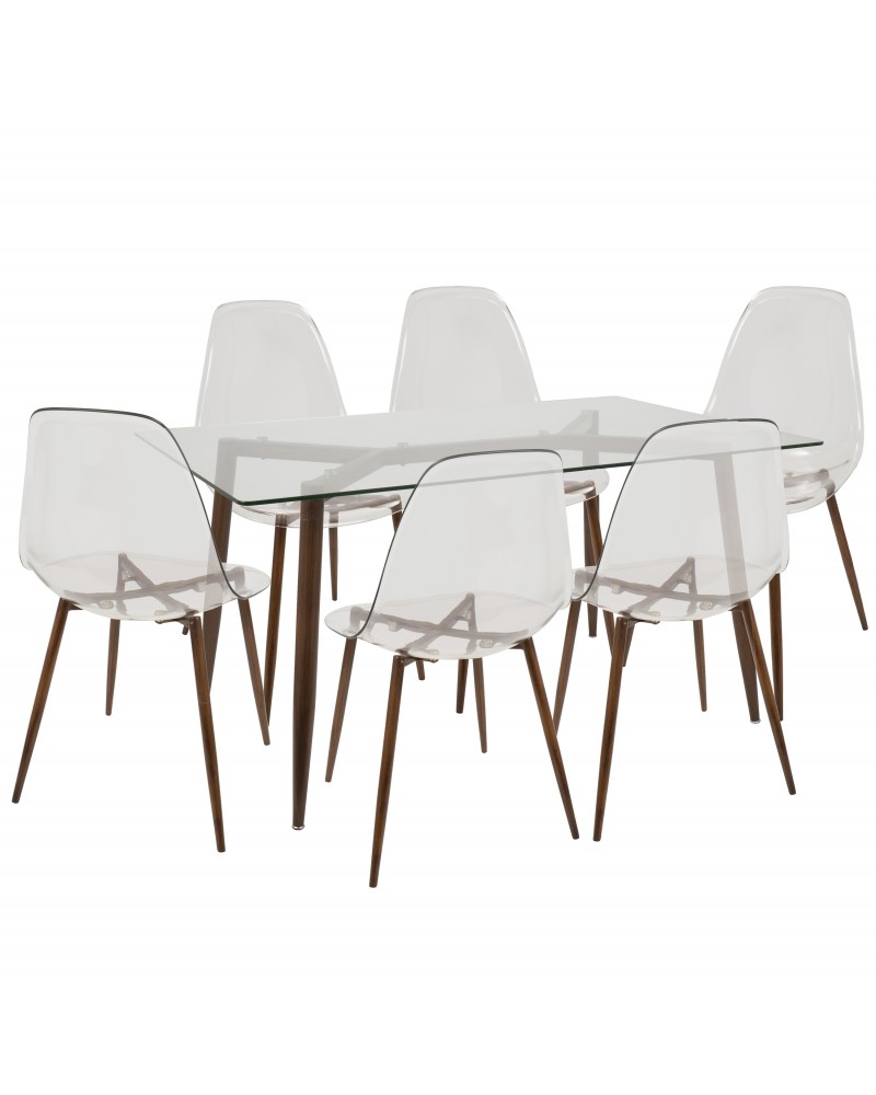 Clara 7-Piece Mid-Century Modern Dining Set in Walnut and Clear