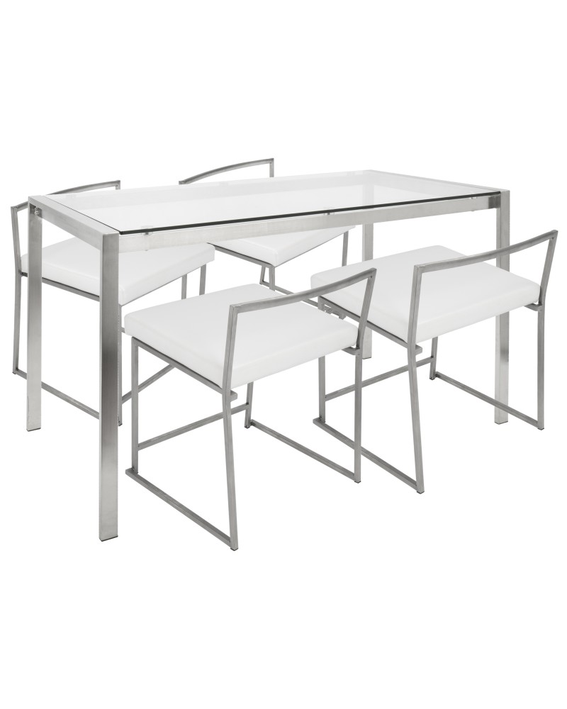 Fuji 5-Piece Contemporary Dining Set in Stainless Steel and White Faux Leather