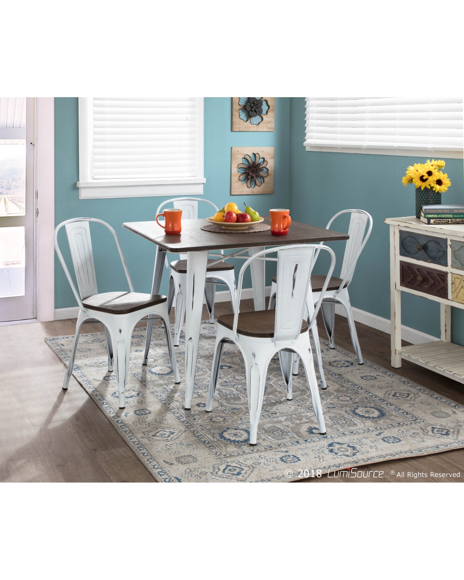 Oregon 5-Piece Industrial-Farmhouse Dining Set in Vintage White and Espresso